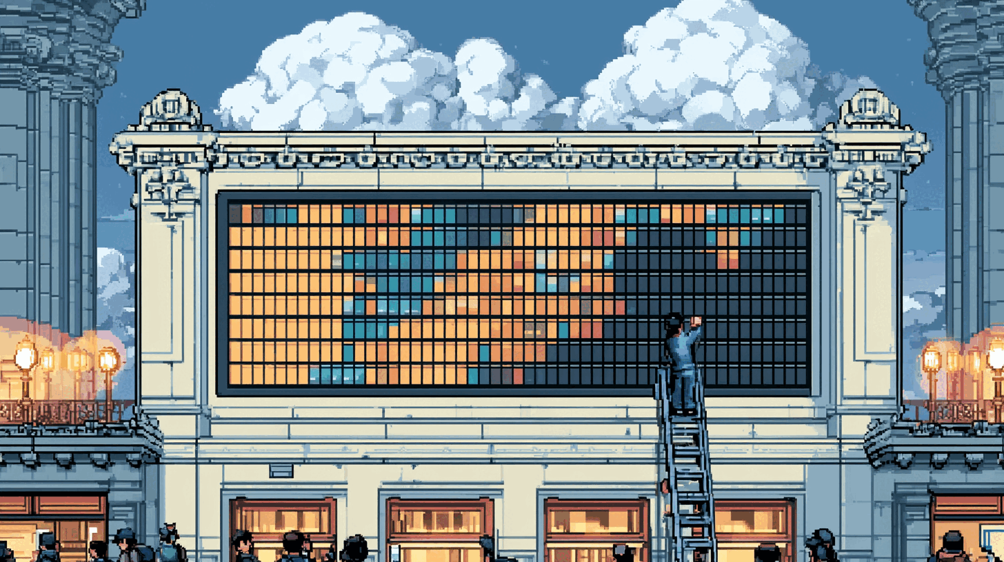 A station master on a ladder updating a huge split-flap departure board in a grand train station at dusk