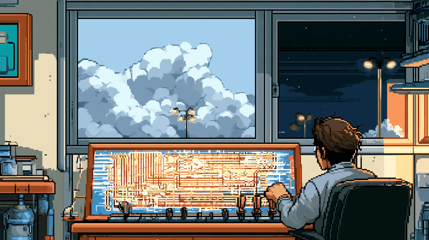 A signal box operator setting a route by lever from a large glowing track diagram board, never looking out the window, which shows daylight clouds on one side and a lamplit night yard on the other
