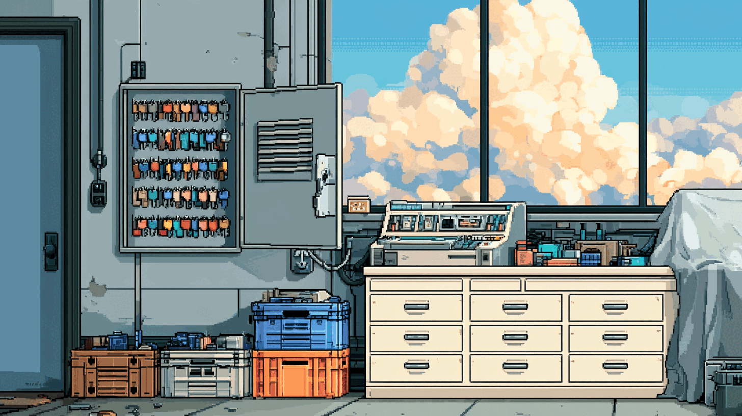 The same workshop at dawn before the day starts: an open key cabinet with rows of tagged keys, equipment staged on the floor, and the machine still under a dust sheet