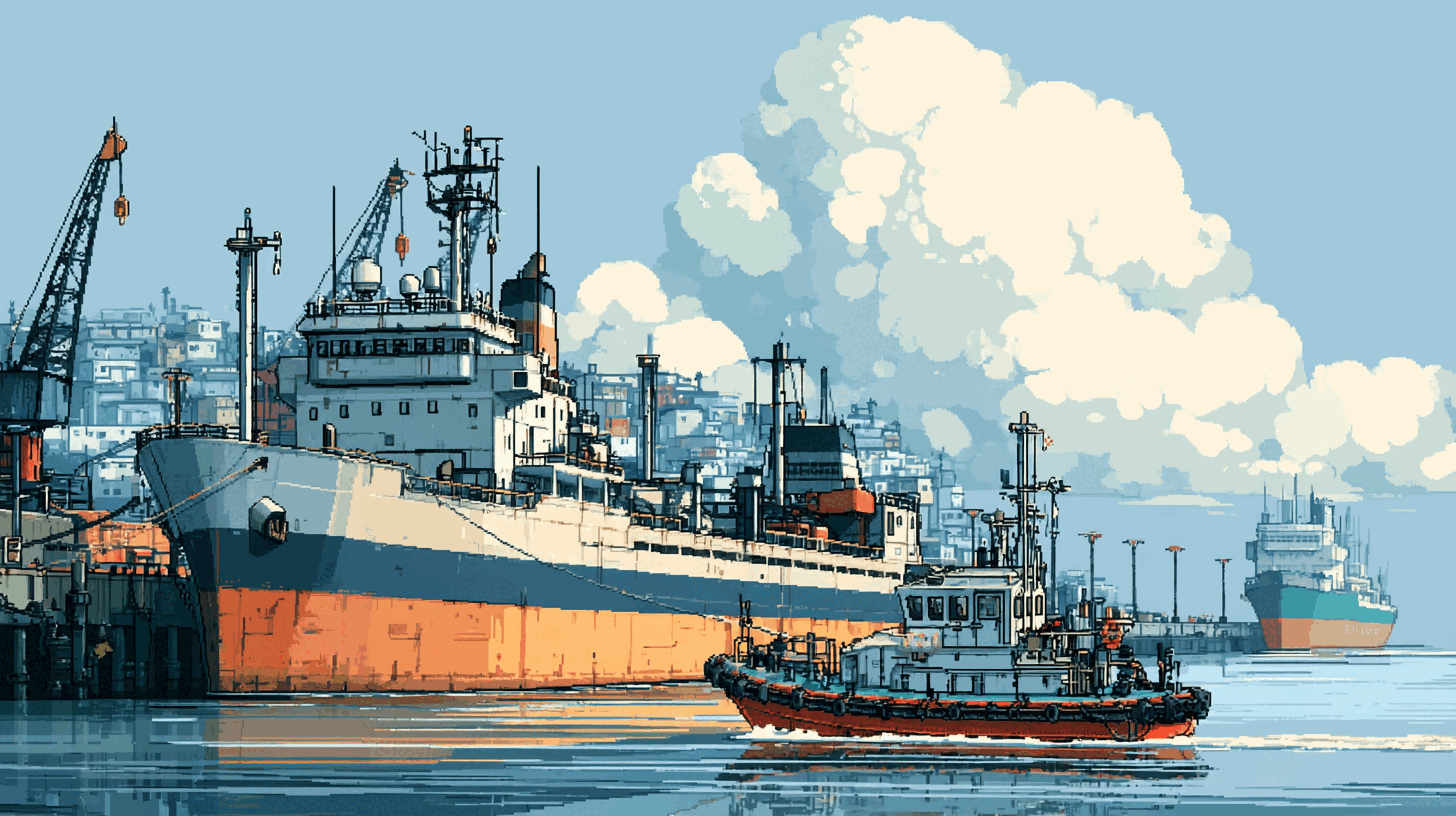 A harbor pilot cutter pulling away from a cargo ship that continues under its own power into a busy port, the cutter already turning toward a second ship waiting outside the harbor mouth