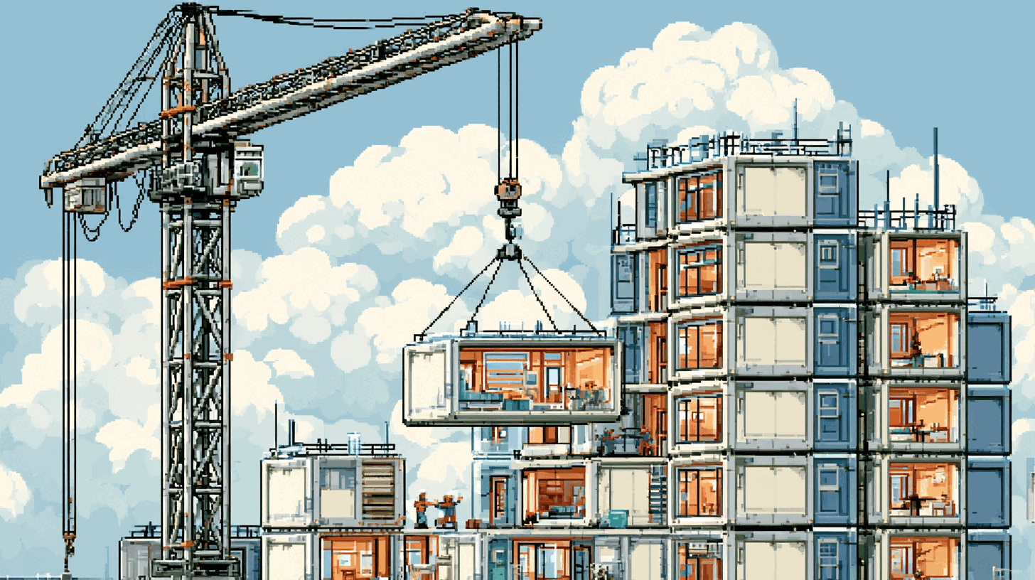 A tower crane lowering a fully furnished prefab room module into a modular building, other modules already lit and occupied